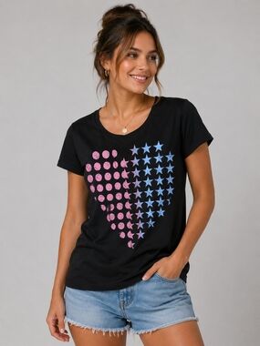 Papillon Women's  Black Pink Blue Graphic Heart Tee - NIP